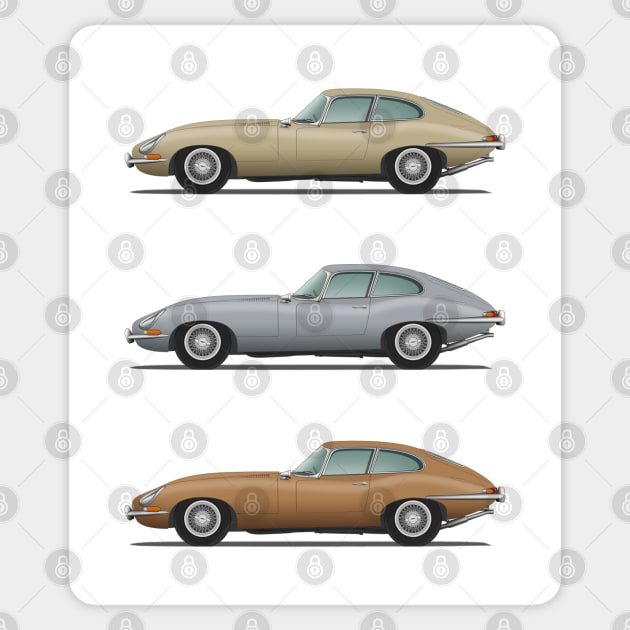 Jaguar E Type Fixed Head Coupe Gold Silver And Bronze Sticker by SteveHClark